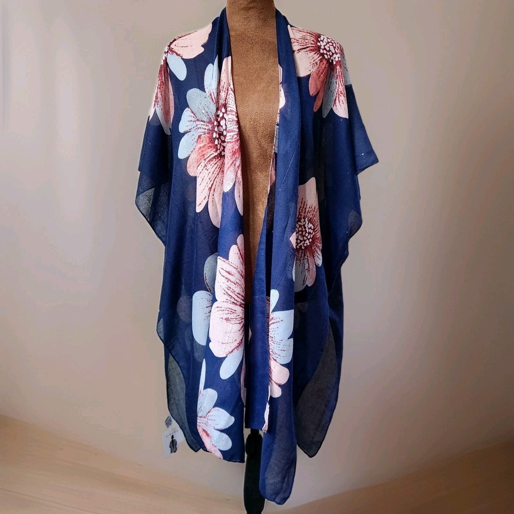 NWT Jessica McClintock Navy Blue Floral‎ Kimono Wrap Womens One Size Lightweight